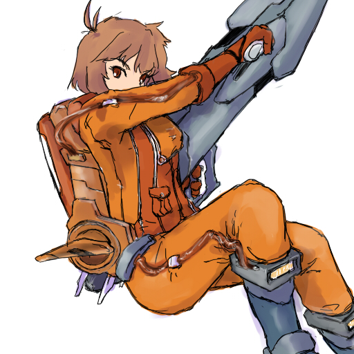toby masuyo, baraduke, namco, bad id, bad pixiv id, 1girl, brown hair, energy cannon, female focus, flying, jetpack, science fiction, short hair, solo, spacesuit