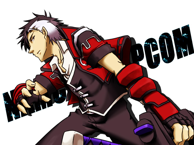 shigmasa, arisu reiji, banpresto, capcom, namco, namco x capcom, super robot wars, super robot wars og saga mugen no frontier, 1boy, bad anatomy, bad proportions, black gloves, black hair, fingerless gloves, gauntlets, gloves, jacket, katana, looking at viewer, male focus, multicolored hair, poorly drawn, sheath, sheathed, simple background, solo, streaked hair, sword, weapon, white background, white hair