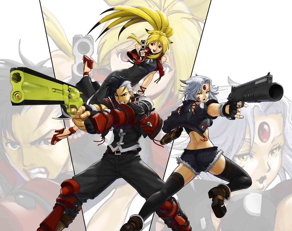 kazue, arisu reiji, saya (namco x capcom), xiaomu, banpresto, capcom, namco, namco x capcom, super robot wars, super robot wars og saga mugen no frontier, uniform, 1boy, 2girls, ahoge, aiming, aiming at viewer, animal ears, belt, blonde hair, china dress, chinese clothes, denim, denim shorts, dress, fingerless gloves, forehead jewel, fox ears, gloves, gun, high heels, midriff, multicolored hair, multiple girls, red eyes, sandals, scar, shoes, shorts, thighhighs, two-tone hair, weapon, white hair, yellow eyes, zoom layer