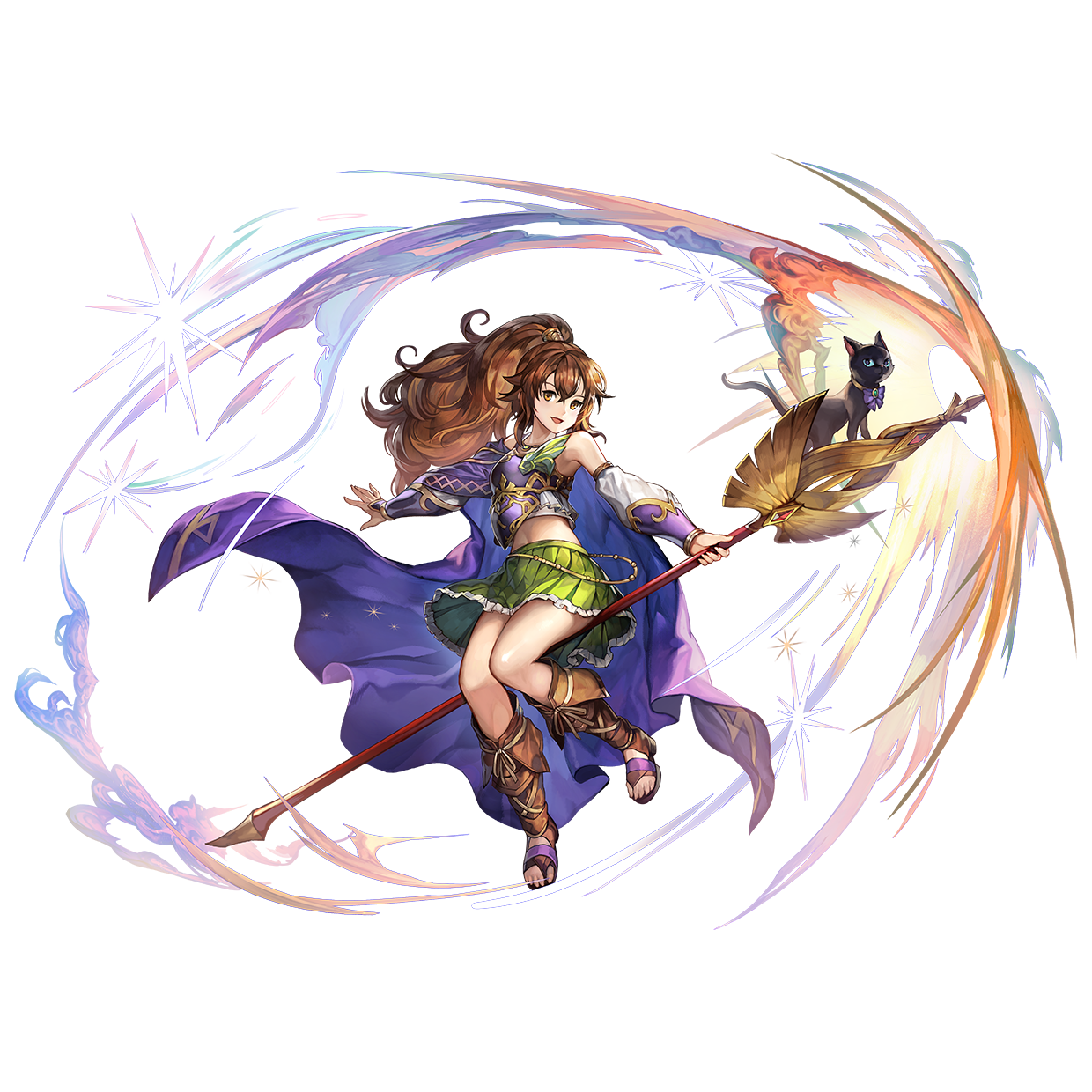 another eden, highres, official art, 1girl, arm garter, armor, armpits, black cat, boots, breasts, brown eyes, brown hair, cat, cloak, crossed bangs, detached sleeves, green skirt, hair between eyes, high ponytail, holding, holding staff, large breasts, long hair, looking at viewer, navel, open-toe boots, open hand, open mouth, pleated skirt, ponytail, purple cloak, shirt, sidelocks, simple background, sitting, skirt, smile, solo, spread fingers, staff, tachi-e, transparent background, very long hair, vivette (another eden), wavy hair, wind