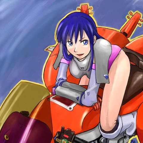 makun (makunr), hiromi tengenji, tengenji hiromi, burning force, capcom, namco, namco x capcom, sega, vehicle, lowres, 1girl, arcade, armor, blue eyes, blue hair, female focus, game console, hover bike, leotard, matching hair/eyes, motor vehicle, motorcycle, playstation 2, science fiction, sega mega drive, solo, spacecraft