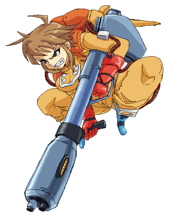 teruki, toby masuyo, baraduke, namco, 1girl, angry, breasts, brown hair, clenched teeth, energy cannon, female focus, flying, gun, jetpack, large breasts, science fiction, solo, spacesuit, teeth, weapon