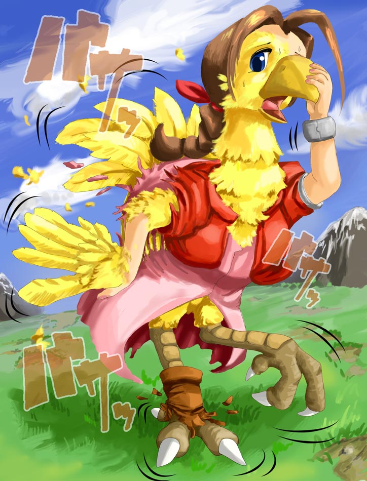 edmol, aerith gainsborough, chocobo, final fantasy, final fantasy vii, 1990s (style), animalization, beak, blue eyes, bracelet, brown hair, claws, cloud, cropped jacket, day, dress, feathers, grass, hair ribbon, jewelry, mountain, no humans, open mouth, pink dress, ribbon, solo, tail, torn clothes, transformation, what, wings