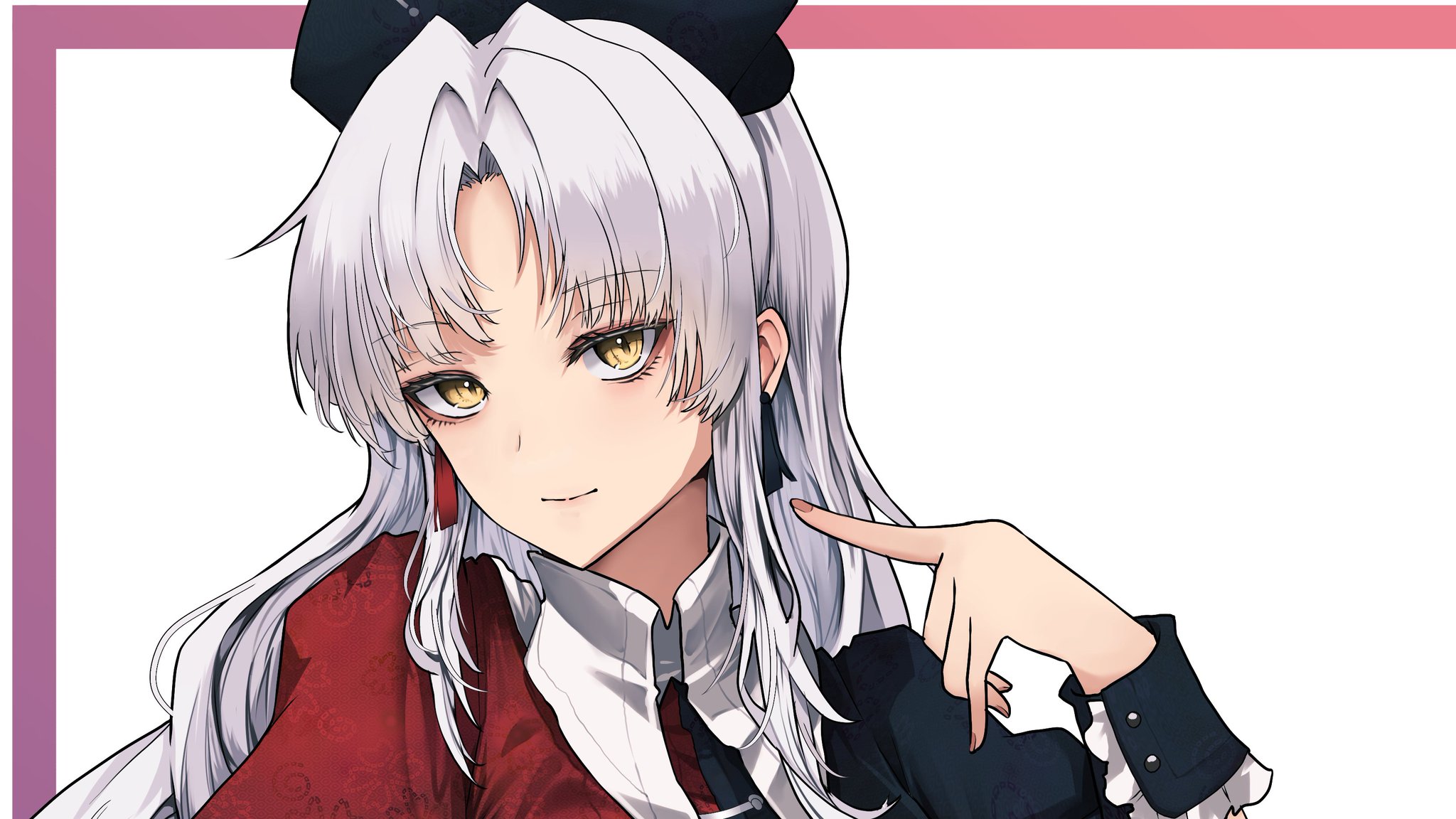 yagoro kusuriya, yagokoro eirin, touhou, commentary request, highres, 1girl, curtained hair, fingernails, grey hair, hat, light smile, long hair, looking at viewer, nurse cap, solo, split-color clothes, straight hair, upper body, wrist cuffs, yellow eyes