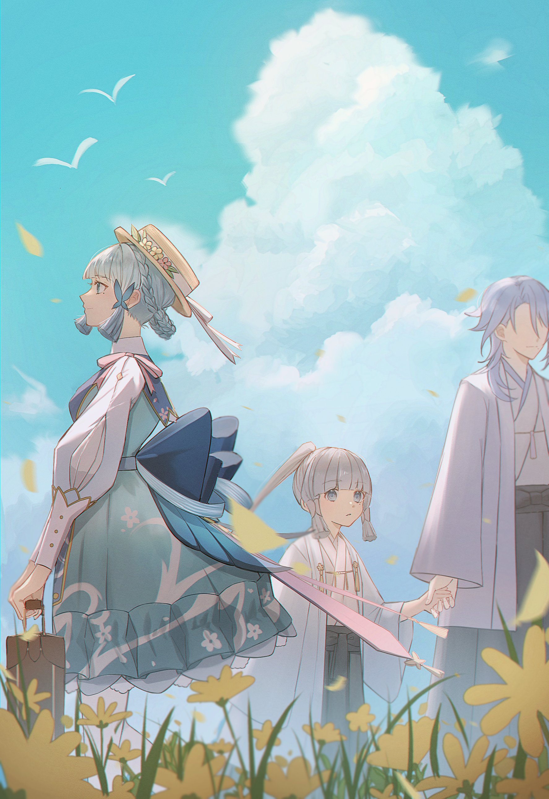 sakuraso, ayaka (genshin impact), kamisato ayaka, kamisato ayaka (springbloom missive), kamisato ayato, genshin impact, absurdres, commentary, highres, 1boy, 2girls, aged down, back bow, black hakama, blue bow, blue dress, blue eyes, blue hair, blue sky, blunt bangs, blunt tresses, blurry, bow, braid, braided hair rings, brother and sister, brown hat, butterfly hair ornament, closed mouth, cloud, day, depth of field, dress, dual persona, falling petals, flower, hair ornament, hair over shoulder, hair rings, hair tubes, hakama, haori, hat, hat flower, hat ribbon, high ponytail, holding, holding hands, japanese clothes, kimono, large bow, long hair, long sleeves, looking ahead, looking at another, medium hair, mole, mole under eye, mole under mouth, multiple girls, outdoors, pantyhose, parted bangs, parted lips, petals, pink flower, ponytail, profile, puffy long sleeves, puffy sleeves, ribbon, shirt, siblings, simple bird, sky, smile, sweater guard, tassel, time paradox, walking, white kimono, white pantyhose, white ribbon, white shirt, wide sleeves, yellow flower