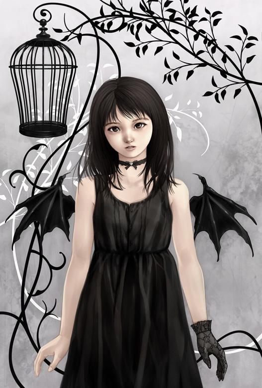 saitou tomoaki, original, bad id, bad pixiv id, bat wings, birdcage, black hair, black wings, cage, choker, gloves, short hair, solo, wings
