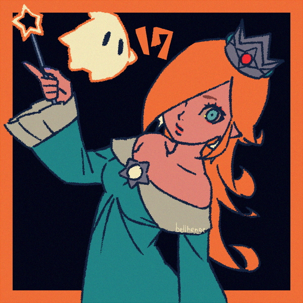 bellhenge, luma (mario), rosalina, mario (series), nintendo, super mario galaxy, 1girl, blonde hair, blue eyes, brooch, crown, dress, earrings, hair over one eye, jewelry, long hair, looking at viewer, smile, solo, star (symbol), star brooch, star earrings, star wand
