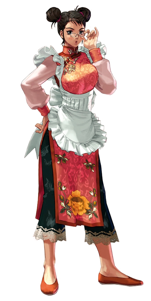 kawano takuji, hualin, chronicles of the sword, soul calibur, soulcalibur, soulcalibur iii, extra, 1girl, apron, black hair, breasts, chinese clothes, double bun, female focus, glasses, hair bun, large breasts, maid, maid apron, pince-nez, solo