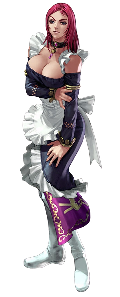 kawano takuji, valeria, chronicles of the sword, soul calibur, soulcalibur, soulcalibur iii, breast hold, official art, 1girl, apron, blue eyes, breasts, choker, cleavage, frills, huge breasts, jewelry, large breasts, long hair, red hair
