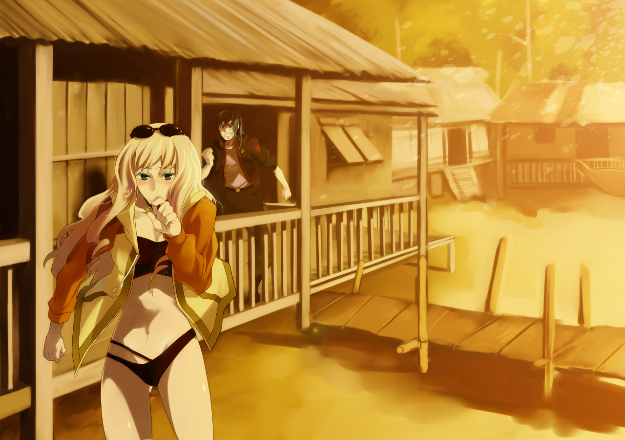 ishida shouji, saotome alto, sheryl nome, macross, macross frontier, bad id, bad pixiv id, 00s, 1boy, 1girl, bikini, blonde hair, blush, long hair, outdoors, sunglasses, sunglasses on head, swimsuit