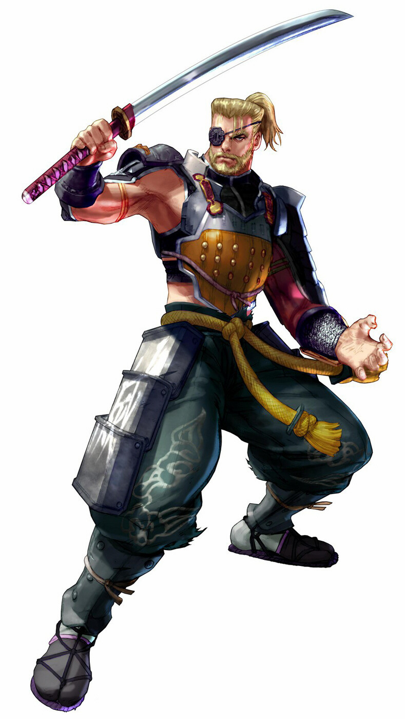 arthur (sc), arthur (soulcalibur), namco, soul calibur, soulcalibur, soulcalibur iii, highres, official art, 1boy, armor, beard, blonde hair, bracer, eyepatch, facial hair, katana, male focus, ponytail, sandals, solo, sword, weapon
