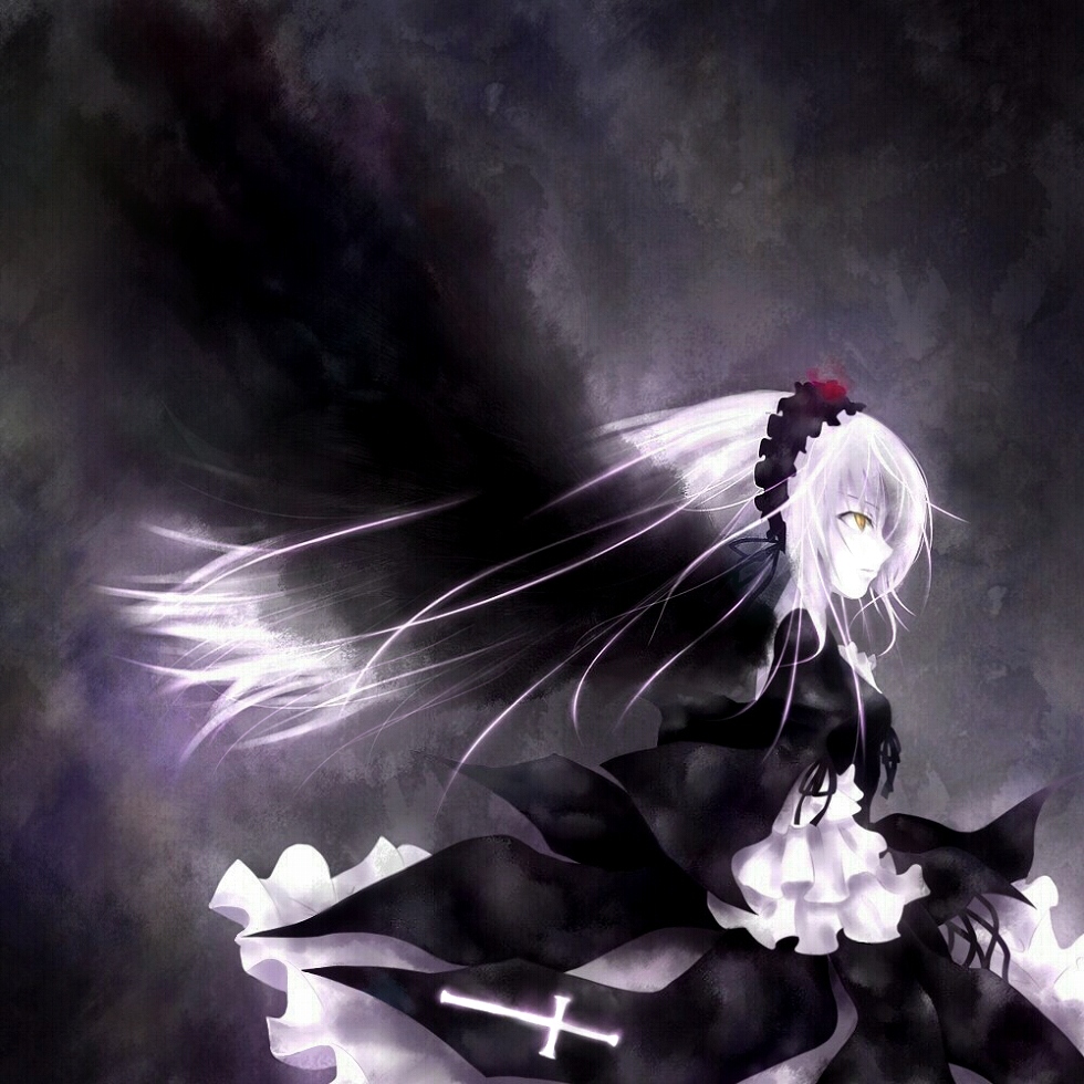 chi (pixiv2035), chikuyama, suigintou, rozen maiden, 00s, 1girl, female focus, long hair, solo, white hair, wings, yellow eyes