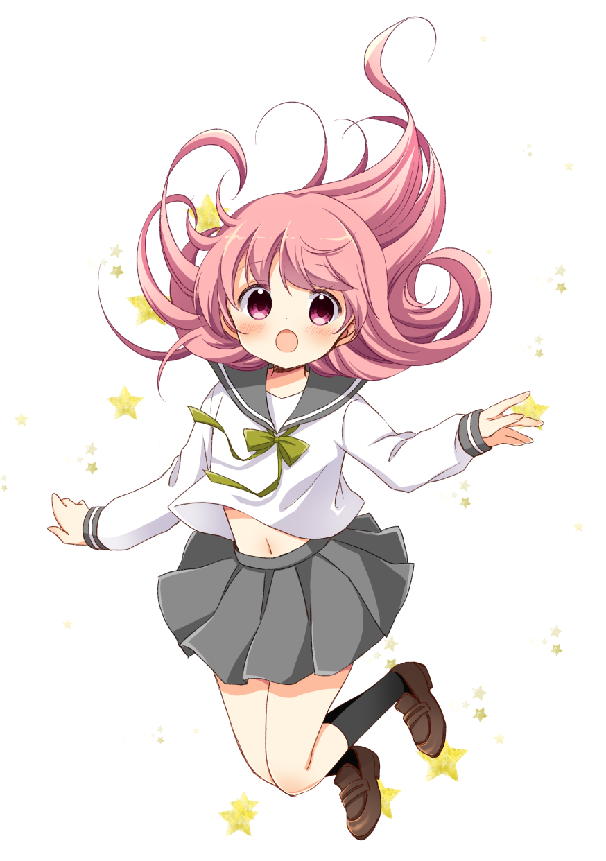oumi neneha, original, commentary, highres, symbol-only commentary, 1girl, :o, black socks, blush, bow, bowtie, brown shoes, floating hair, full body, green bow, green bowtie, grey sailor collar, grey skirt, loafers, long hair, long sleeves, looking at viewer, midriff peek, navel, open mouth, pink eyes, pink hair, pleated skirt, sailor collar, school uniform, serafuku, shirt, shoes, simple background, skirt, socks, solo, white background, white shirt