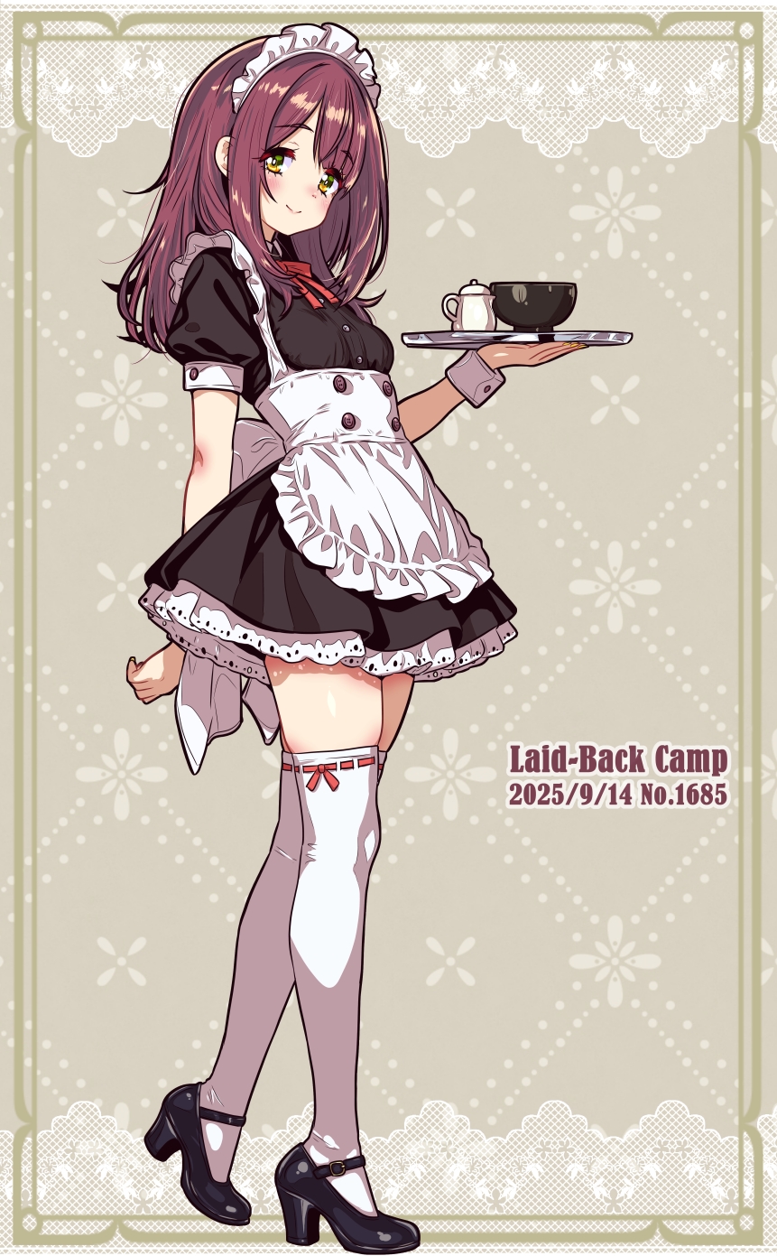 jagi (jagi souken), toki ayano, yurucamp, highres, 1girl, alternate costume, breasts, brown hair, enmaided, holding, holding tray, light smile, long hair, maid, maid headdress, simple background, skindentation, small breasts, solo, thighhighs, tray, white thighhighs, yellow eyes, zettai ryouiki