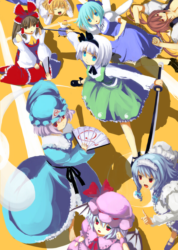 hirasawa akito, alice margatroid, cirno, hakurei reimu, izayoi sakuya, konpaku youmu, konpaku youmu (ghost), onozuka komachi, remilia scarlet, saigyouji yuyuko, shanghai doll, touhou, bad id, bad pixiv id, 6+girls, bat wings, black hair, blonde hair, blue eyes, blue hair, detached sleeves, dual wielding, female focus, folding fan, hairband, hand fan, hat, hitodama, holding, japanese clothes, katana, miko, multiple girls, pink hair, red eyes, red hair, sword, tanto, weapon, white hair, wings