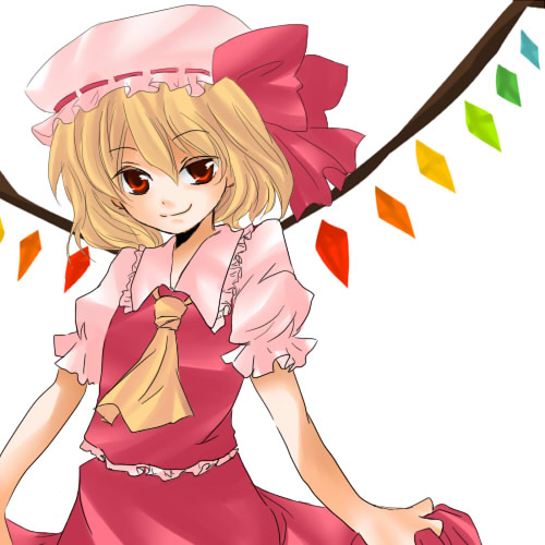 kino hazuki, flandre scarlet, touhou, bad id, bad pixiv id, lowres, 1girl, blonde hair, blouse, collared shirt, female focus, frilled vest, frills, hair between eyes, hat, mob cap, red eyes, shirt, simple background, solo, standing, vest, white background, white shirt, wings