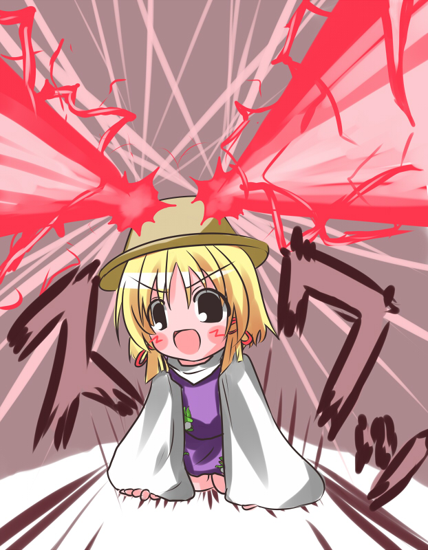 akabashi yuusuke, moriya suwako, touhou, beam, 1girl, blonde hair, eye beam, female focus, hat, kneeling, solo