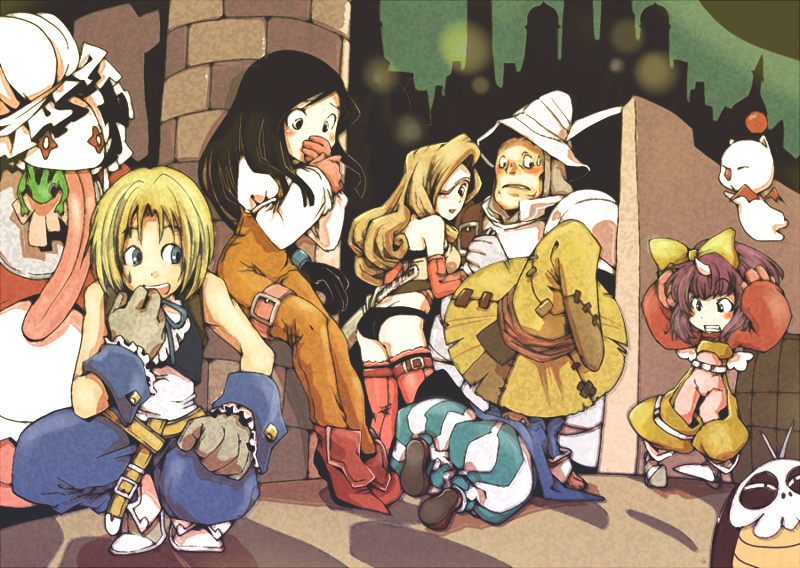 mov, adelbert steiner, beatrix, eiko carol, garnet til alexandros xvii, moogle, oglop, ooglop, quina quen, vivi ornitier, vivi orunitia, zidane tribal, final fantasy, final fantasy ix, 00s, 3boys, 3girls, blonde hair, blue eyes, bow, child, covering own mouth, everyone, frog, gloves, hair bow, hand over mouth, hand over own mouth, hat, horns, multiple boys, multiple girls, single horn, yellow bow