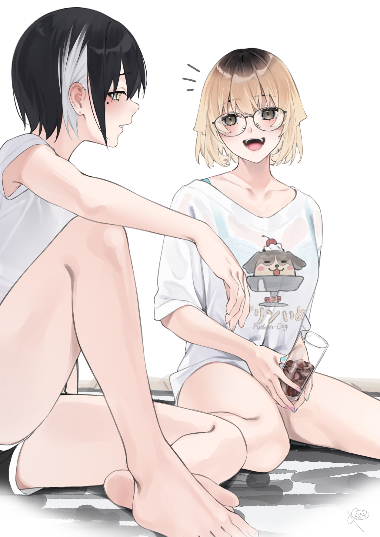 rerrere, original, highres, 2girls, :d, after bathing, barefoot, black hair, blonde hair, bra visible through clothes, brown eyes, cup, glasses, gradient hair, holding, holding cup, mole, mole under eye, multicolored hair, multiple girls, open mouth, roots (hair), short shorts, shorts, sitting, smile, streaked hair, two-tone hair, wariza, white hair, yellow eyes