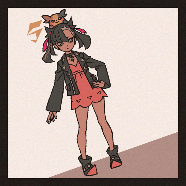 bellhenge, marnie (pokemon), morpeko, nintendo, pokemon, pokemon swsh, 1girl, asymmetrical bangs, black choker, black hair, black jacket, blush, breasts, choker, dress, earrings, gen 8 pokemon, green eyes, hair ribbon, jacket, jewelry, looking at viewer, pink dress, ribbon, twintails