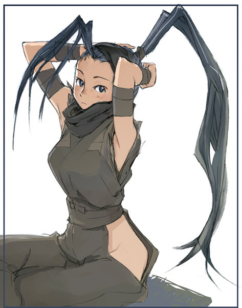 takada hiro, ibuki (street fighter), capcom, street fighter, street fighter iii (series), 1girl, armpits, bare hips, black eyes, black hair, clothing cutout, female focus, hair slicked back, hip vent, ninja, ponytail, solo