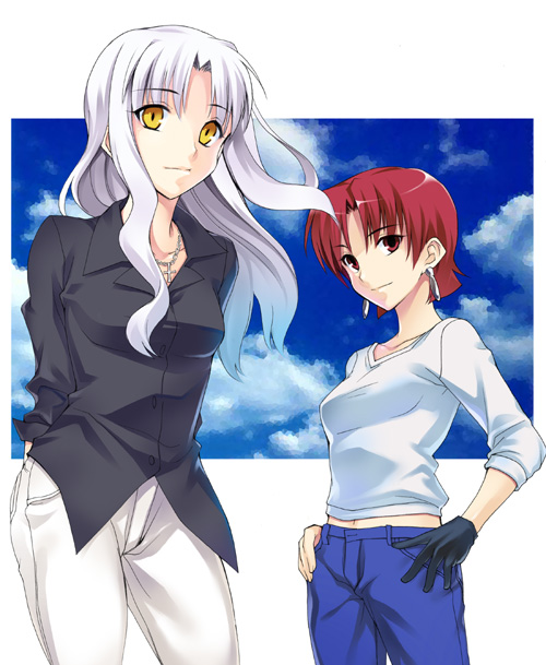 azu, bazett fraga mcremitz, caren hortensia, fate/hollow ataraxia, fate/stay night, fate (series), 00s, 2girls, black gloves, casual, collarbone, gloves, hand on own hip, long sleeves, looking at viewer, multiple girls, pants, red hair, shirt, short hair, standing, t-shirt, yellow eyes