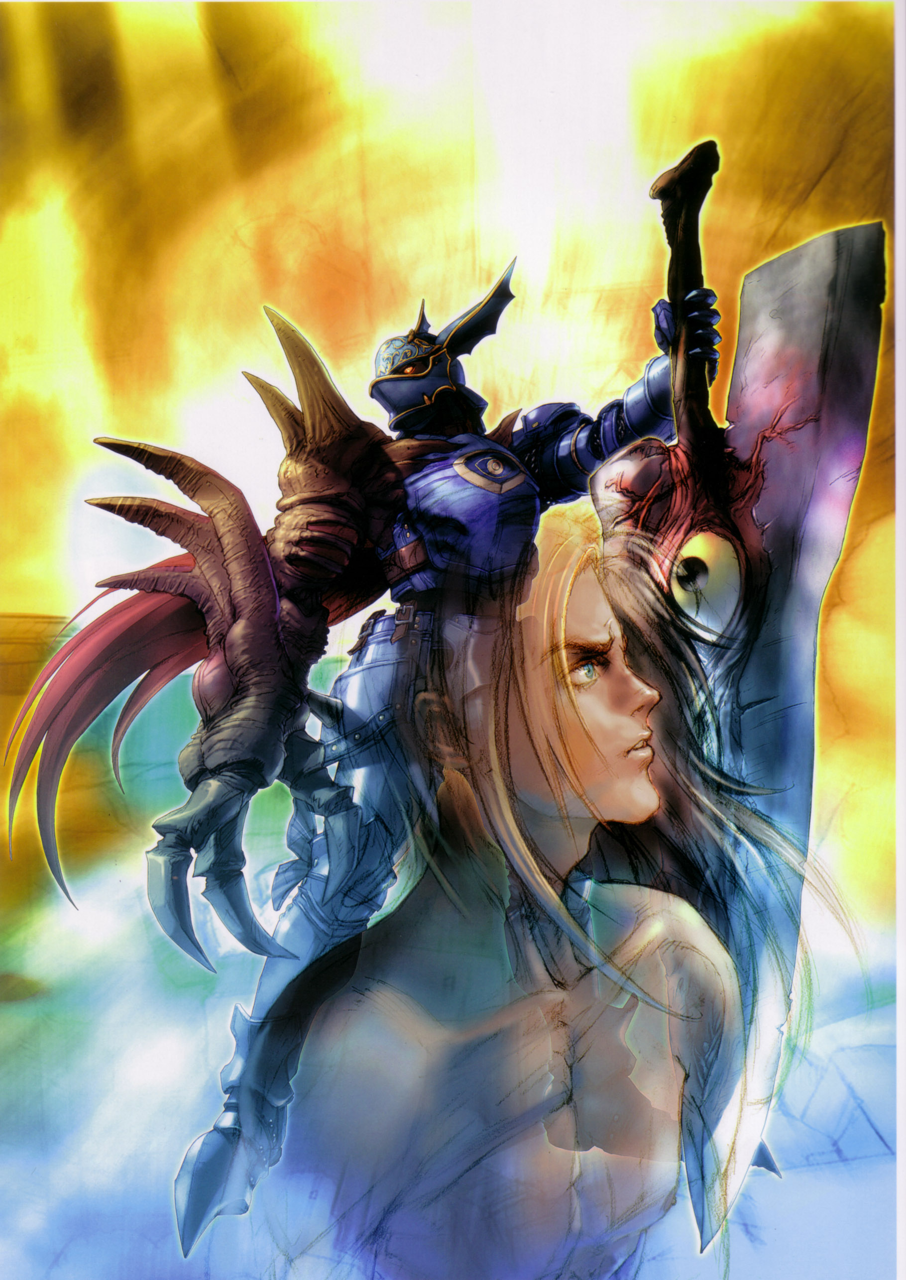 kawano takuji, nightmare (soulcalibur), siegfried schtauffen, namco, soul calibur, soulcalibur, soulcalibur ii, absurdres, highres, 2boys, armor, eyeball, male focus, multiple boys, soul edge (weapon), sword, topless male, weapon