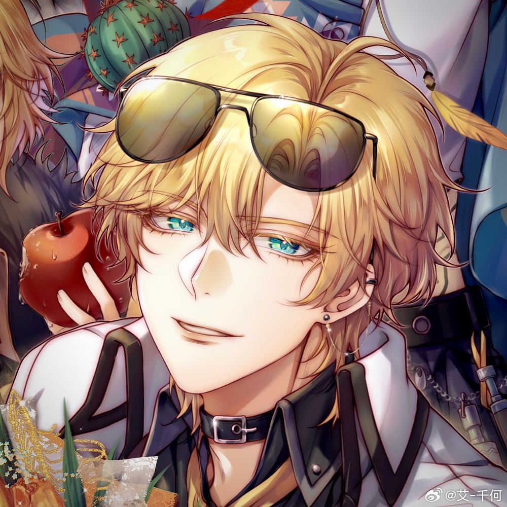 lars rorschach, lovebrush chronicles, chinese commentary, 1boy, ai-qian he, apple, aqua eyes, belt collar, black collar, black shirt, blonde hair, bouquet, cactus, collar, collared jacket, collared shirt, colored eyelashes, curtained hair, ear chain, earrings, eyewear on head, flower, food, fruit, hair between eyes, jacket, jewelry, linked piercing, lips, looking at viewer, male focus, necktie, parted lips, piercing, portrait, shirt, short hair, smile, solo, stud earrings, sunglasses, watermark, weibo watermark, white jacket, yellow necktie