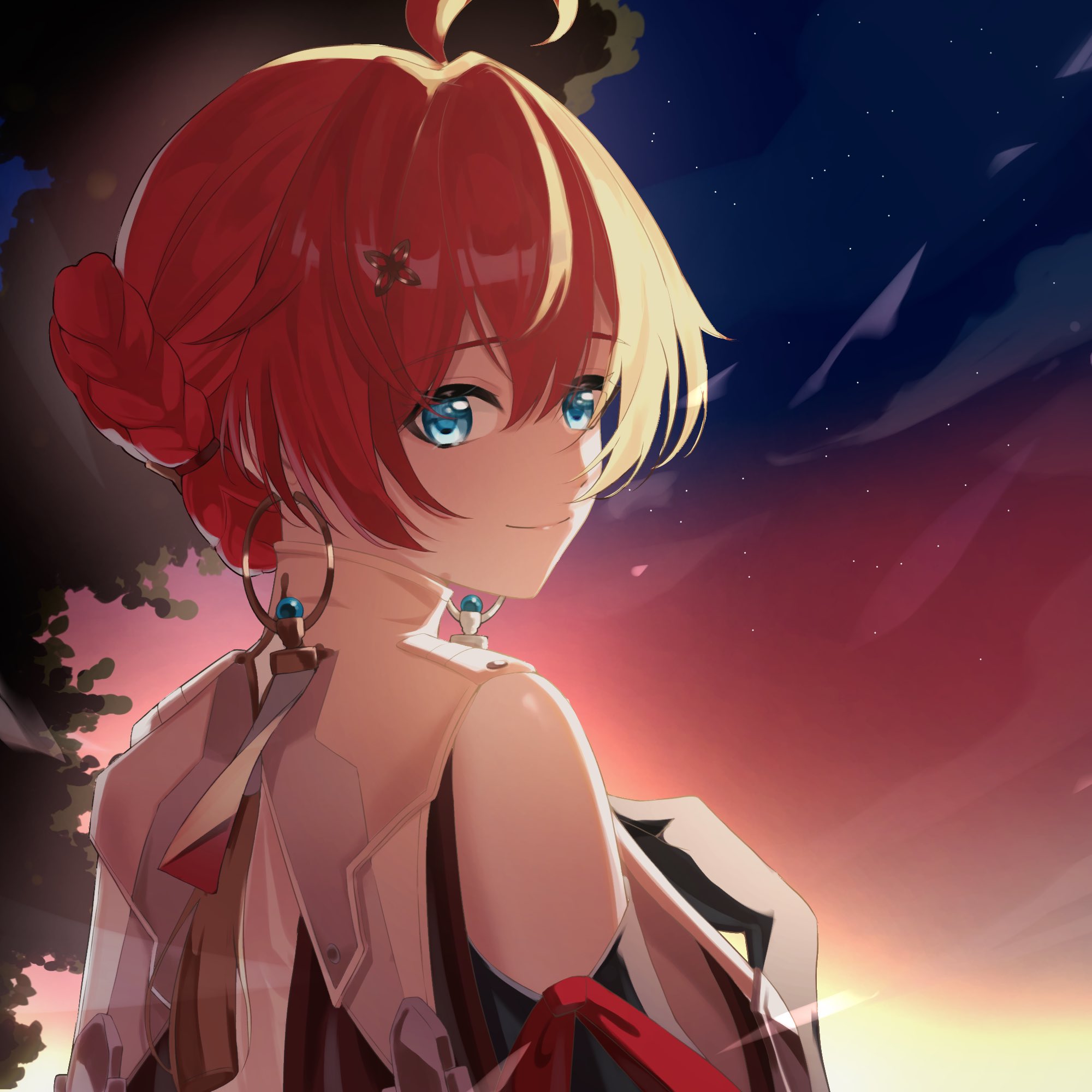 ayahabihabi, danjin (wuthering waves), wuthering waves, highres, 1girl, ahoge, blue eyes, braid, clothing cutout, earrings, folded braid, from behind, gloves, hair between eyes, hoop earrings, jade (gemstone), jewelry, looking at viewer, ofuda earrings, outdoors, red hair, shoulder cutout, sky, smile, solo, sunrise, upper body