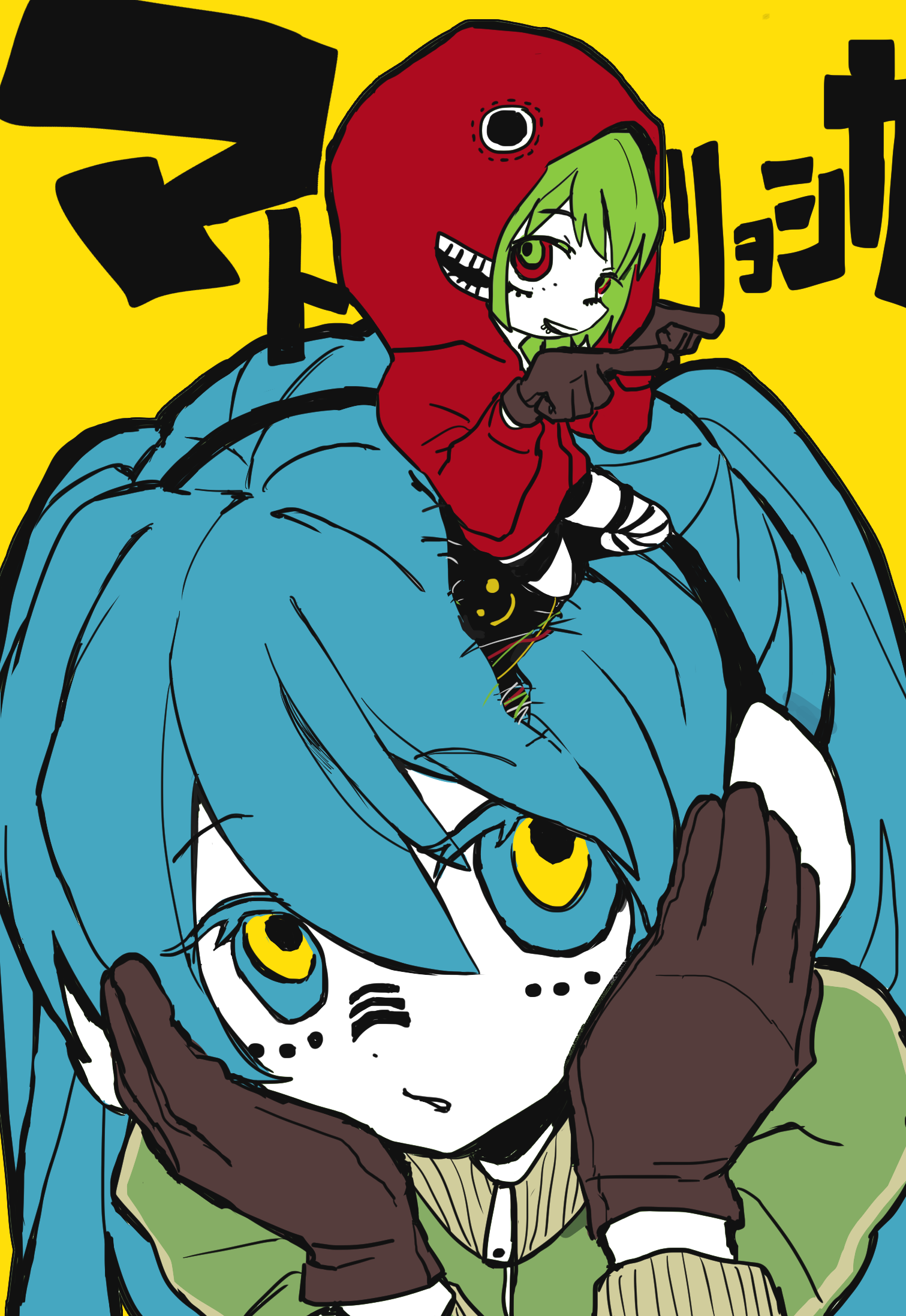 octopachi, gumi, hatsune miku, matryoshka (vocaloid), vocaloid, highres, aqua hair, blue eyes, blue hair, chibi, gloves, green hair, headphones, hood, hoodie, long hair, looking at viewer, multiple girls, open mouth, red hoodie, short hair, smile, twintails, very long hair, yellow background