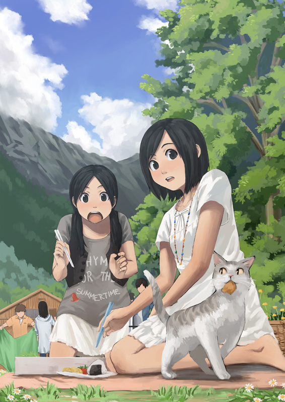 tamaru tokihiko, original, 2girls, barefoot, black hair, brown hair, cat, chopsticks, cloud, day, dress, faceless, flower, food, grass, jewelry, long hair, mouth hold, multiple girls, nature, necklace, onigiri, open mouth, outdoors, picnic, short hair, skirt, sky, slice of life, tree