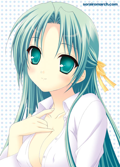 narusawa sora, sonozaki shion, higurashi no naku koro ni, 00s, 1girl, aqua eyes, aqua hair, blouse, blush, breasts, cleavage, covered erect nipples, female focus, green eyes, green hair, half updo, light smile, long hair, matching hair/eyes, open clothes, open shirt, ribbon, shirt, small breasts, smile, solo
