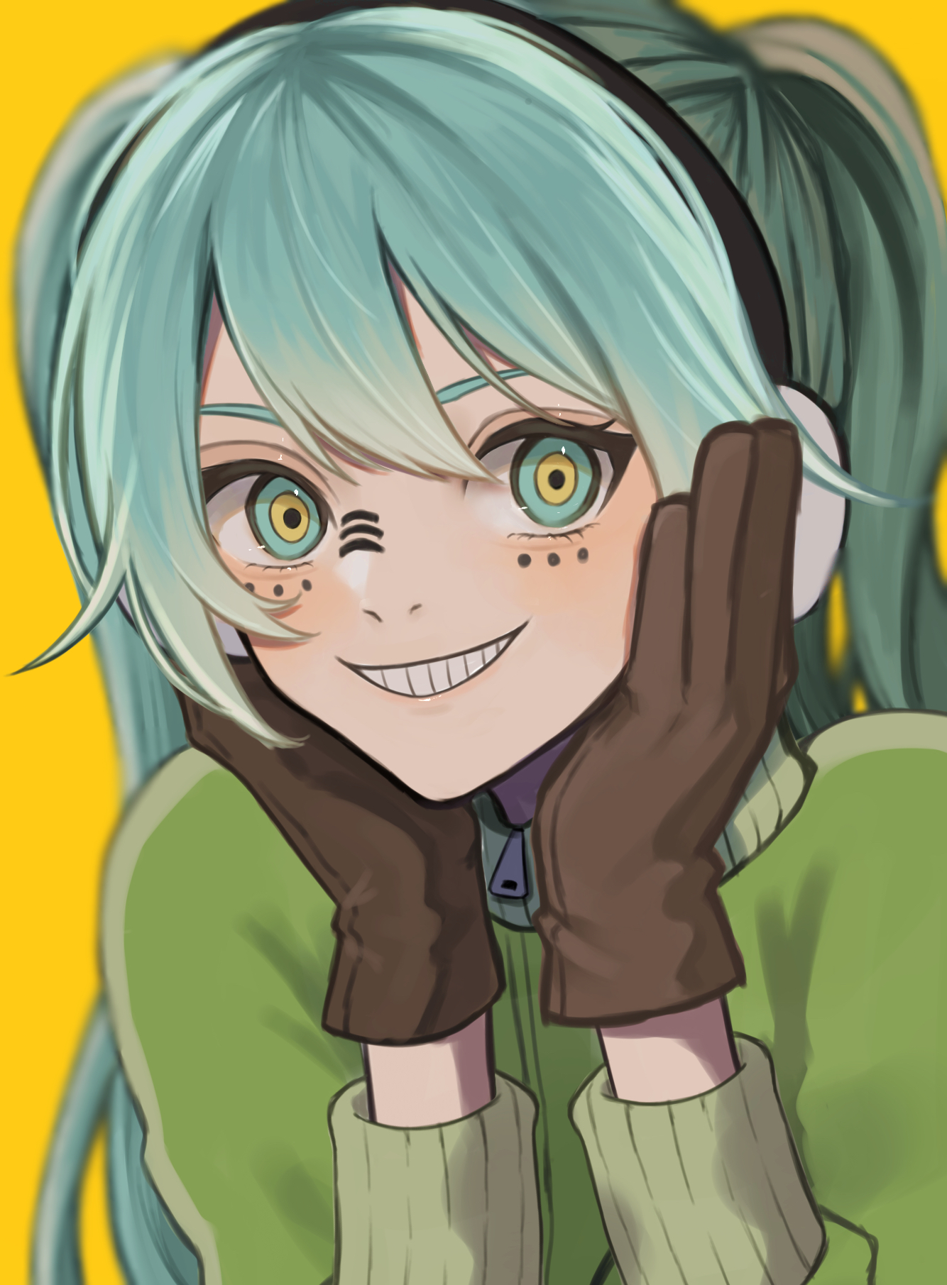 hatsune miku, matryoshka (vocaloid), vocaloid, highres, 1girl, aqua hair, blue eyes, blue hair, gloves, jacket, long hair, looking at viewer, smile, solo, twintails, user ehsr3738, very long hair, yellow background