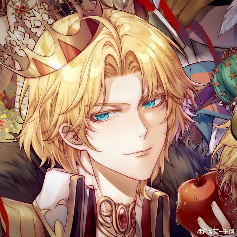 lars rorschach, lars rorschach (godheim), lovebrush chronicles, chinese commentary, >:), 1boy, ai-qian he, apple, aqua eyes, blonde hair, cactus, closed mouth, collared jacket, collared shirt, colored eyelashes, crown, curtained hair, food, food bite, fruit, gem, gold choker, jacket, lips, looking at viewer, male focus, parted bangs, pointed crown, portrait, red gemstone, shirt, short hair, smile, solo, tilted headwear, v-shaped eyebrows, watermark, weibo watermark, white jacket, white shirt
