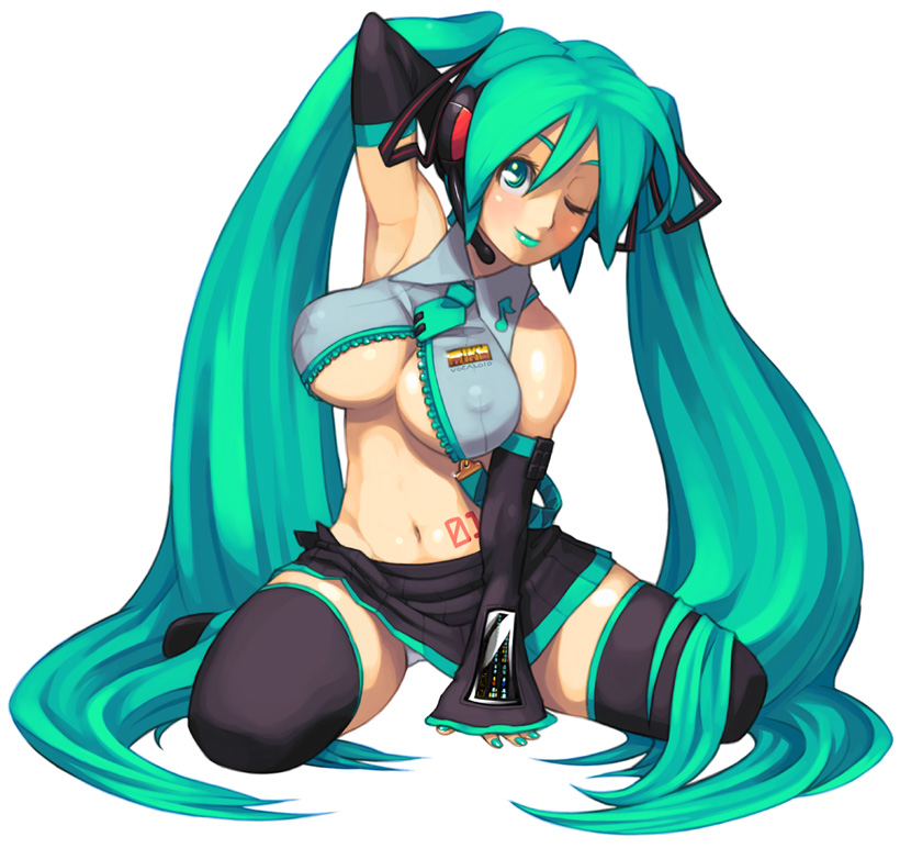 maruta kentarou, hatsune miku, vocaloid, 1girl, adjusting hair, arm support, arm up, armpits, black thighhighs, breasts, covered erect nipples, detached sleeves, female focus, green eyes, green hair, headphones, kneeling, large breasts, legs, lipstick, long hair, makeup, matching hair/eyes, microphone, midriff, miniskirt, navel, one eye closed, skirt, solo, spread legs, tattoo, thighhighs, thighs, twintails, underboob, unzipped, very long hair, wink, zettai ryouiki