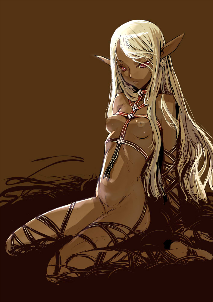 branch (blackrabbits), original, bad id, bad pixiv id, 1girl, blonde hair, breasts, dark-skinned female, dark skin, elf, female focus, long hair, navel, nipples, nude, pointy ears, red eyes, solo
