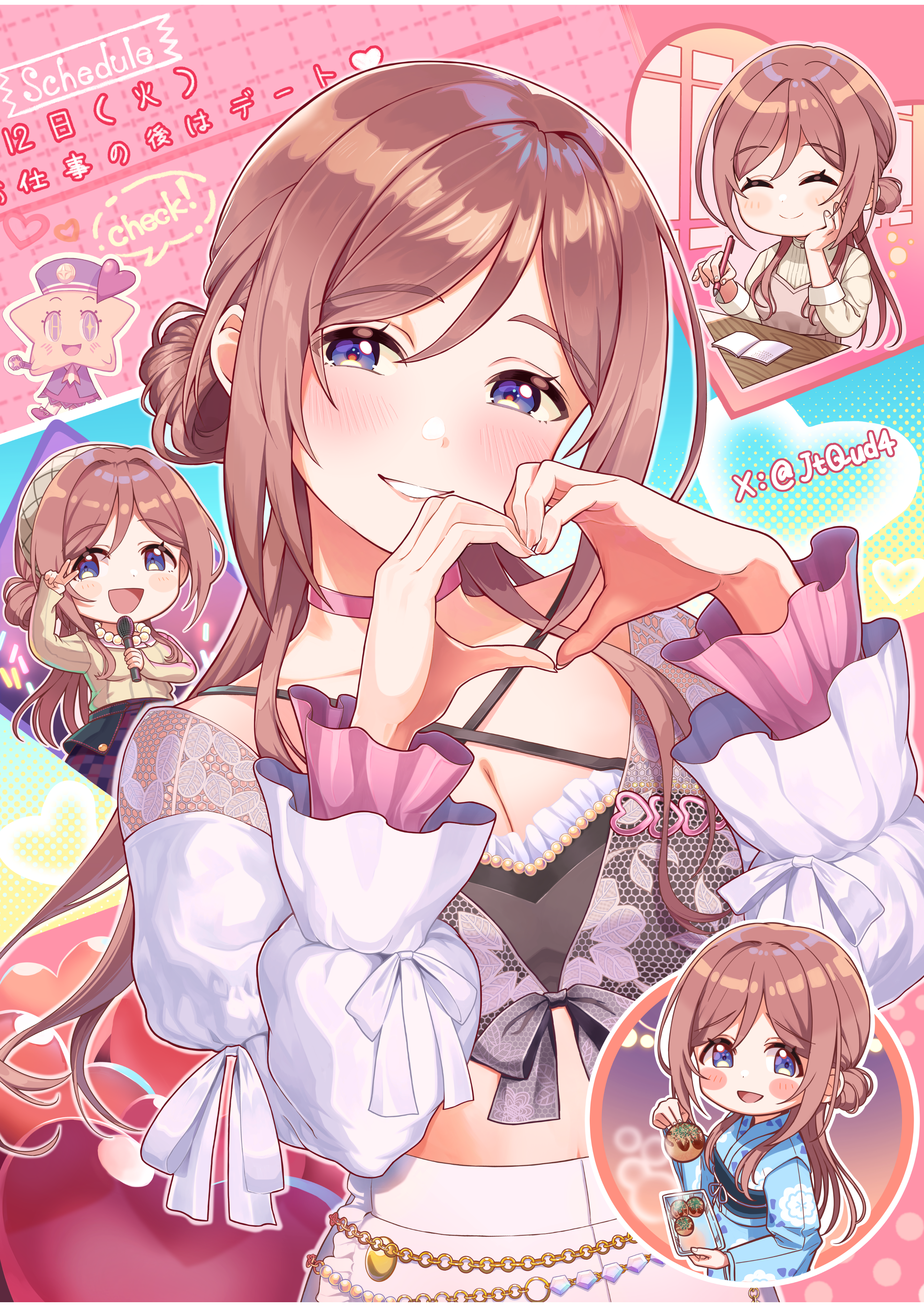 himesaki rinami, gakuen idolmaster, idolmaster, absurdres, commentary request, highres, translation request, 1girl, ^ ^, blue kimono, blush, breasts, brown hair, choker, cleavage, closed eyes, deformed, fingernails, food, hand on own cheek, hand on own face, heart, heart hands, holding, holding microphone, holding skewer, japanese clothes, kimono, kuma (gaph5274), long hair, looking at viewer, microphone, multiple views, official alternate costume, pink choker, purple eyes, skewer, smile, takoyaki, twitter username, yukata
