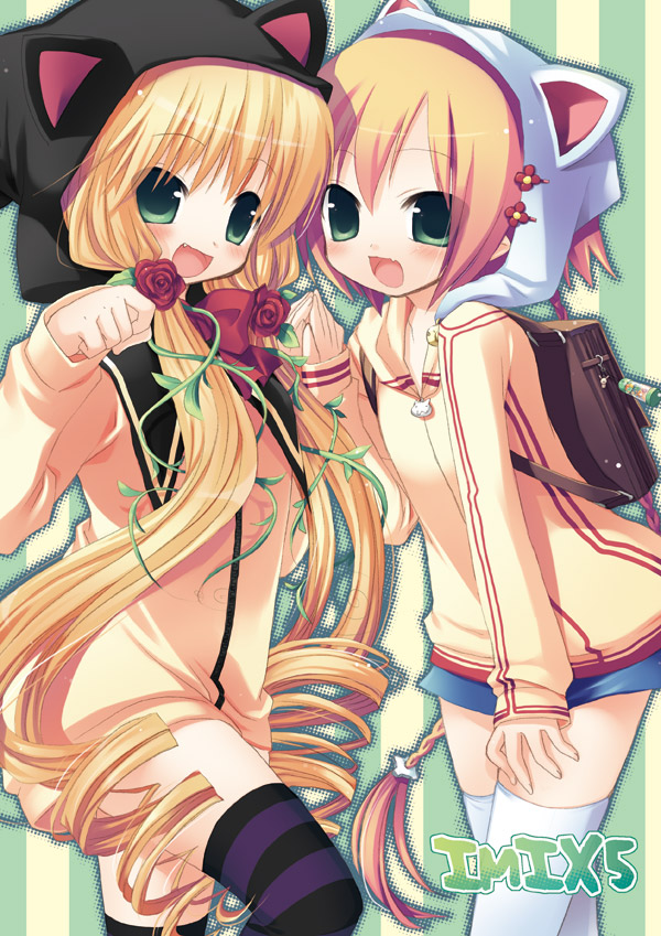 sazaki ichiri, original, striped legwear, white legwear, 00s, 2008, 2girls, animal ears, animal hat, animal hood, backpack, bag, blonde hair, blush, bow, braid, cat ears, cat hat, cat hood, child, fake animal ears, fang, female focus, flower, green eyes, hair flower, hair ornament, hat, hood, long hair, looking at viewer, multiple girls, open mouth, patterned legwear, randoseru, rose, standing, straight hair, striped background, striped clothes, striped thighhighs, sweater, thighhighs, twintails, two-tone stripes, vertical stripes, very long hair, zettai ryouiki