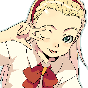hijiri rei, kasumiooji rurichiyo, bleach, lowres, 00s, 1girl, :p, aqua eyes, blonde hair, blush, bow, close-up, female focus, forehead, green eyes, hairband, long hair, oekaki, one eye closed, school uniform, serafuku, simple background, smile, solo, tongue, tongue out, v, wink