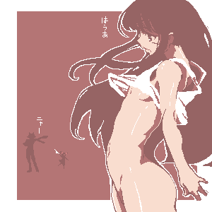artist request, character request, lowres, 1girl, flat chest, monochrome, no panties, oekaki, solo focus