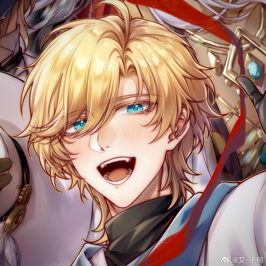 lars rorschach, lars rorschach (eden), lovebrush chronicles, chinese commentary, 1boy, :d, ai-qian he, aqua eyes, black gloves, black shirt, blonde hair, blue scarf, blush, collared shirt, colored eyelashes, curtained hair, fangs, gloves, hair between eyes, looking at viewer, male focus, open mouth, portrait, red ribbon, ribbon, scarf, shirt, short hair, smile, solo, turtleneck, turtleneck shirt, undershirt, watermark, waving, weibo watermark, white shirt