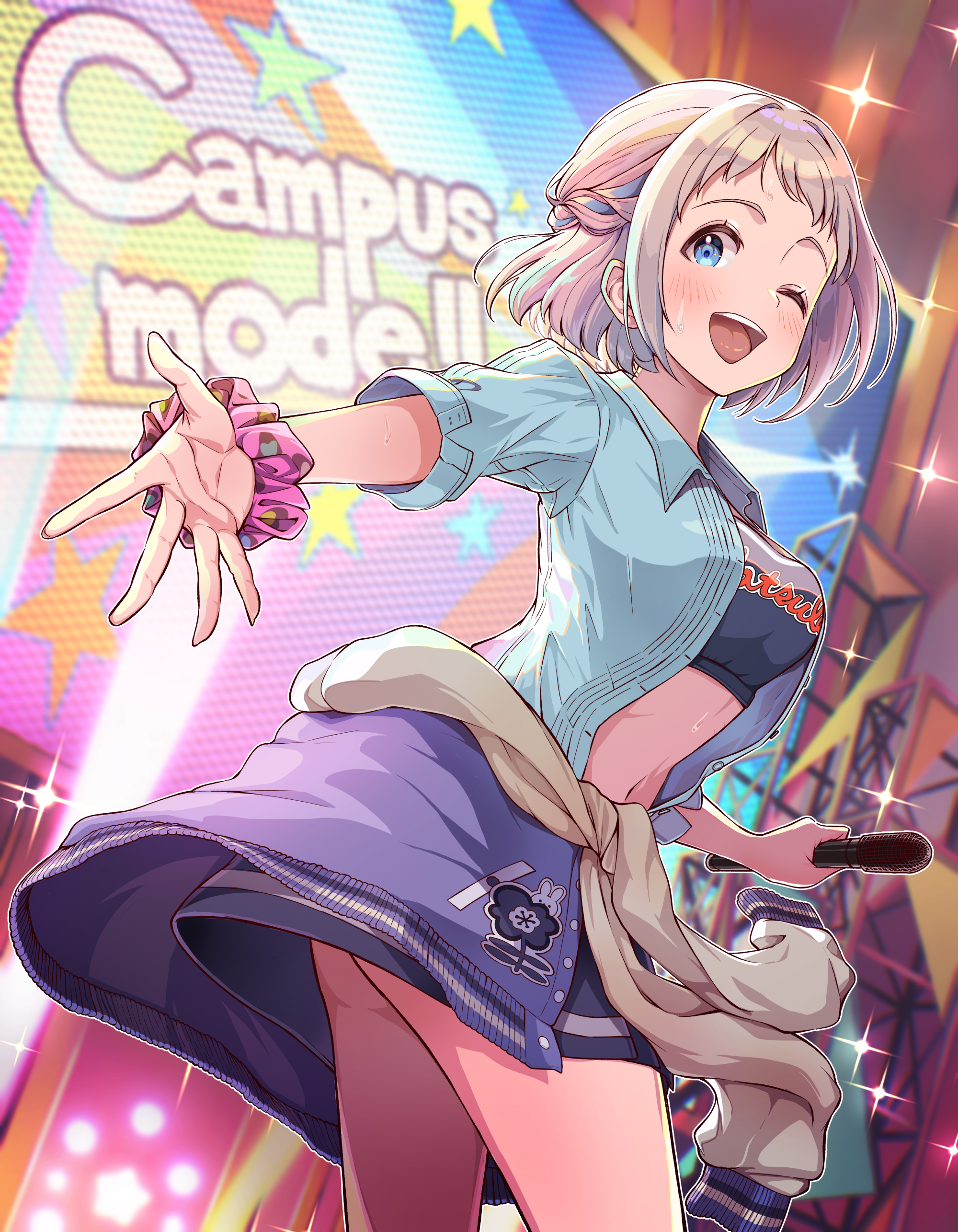 katsuragi lilja, gakuen idolmaster, idolmaster, absurdres, commentary, highres, ;d, aqua shirt, beckoning, blue eyes, blue ribbon, blush, braid, breasts, campus mode!! (idolmaster), clothes around waist, display board, grey hair, hair ribbon, half up braid, holding, holding microphone, jacket, jacket around waist, kuma (gaph5274), letterman jacket, medium breasts, microphone, navel, one eye closed, open mouth, ribbon, ribbon braid, scrunchie, shirt, short hair, smile, stage, wrist scrunchie