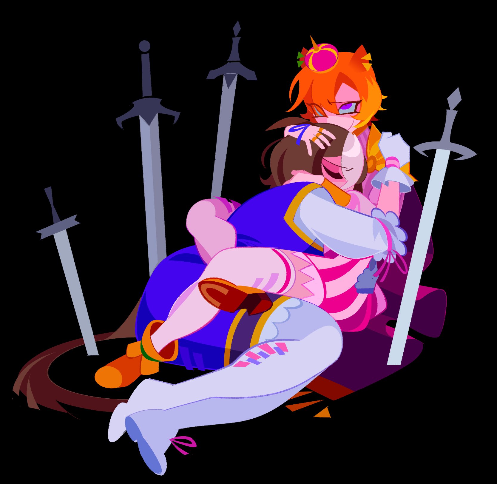 20years, meisho doto (umamusume), t.m. opera o (o sole suo!) (umamusume), t.m. opera o (umamusume), umamusume, highres, ahoge, animal ears, between legs, black background, cape, closed eyes, crown, evil grin, evil smile, grin, hand on another's head, horse ears, horse girl, hug, meisho doto (blue/raging) (umamusume), mini crown, multicolored hair, multiple swords, no lineart, orange hair, smile, two-tone hair