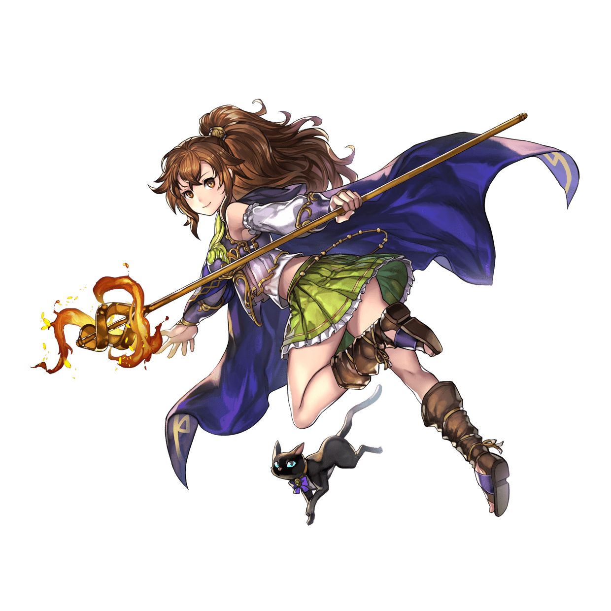 another eden, highres, official art, 1girl, arm garter, armor, armpits, black cat, blush, boots, breasts, brown eyes, brown hair, cat, cloak, crossed bangs, detached sleeves, fire, from side, full body, green skirt, hair between eyes, high ponytail, holding, holding staff, holding sword, holding weapon, large breasts, leg up, long hair, looking at viewer, open-toe boots, open hand, pleated skirt, ponytail, purple cloak, shirt, sidelocks, simple background, skirt, smile, solo, spread fingers, staff, standing, standing on one leg, sword, tachi-e, thighhighs, transparent background, very long hair, vivette (another eden), wavy hair, weapon
