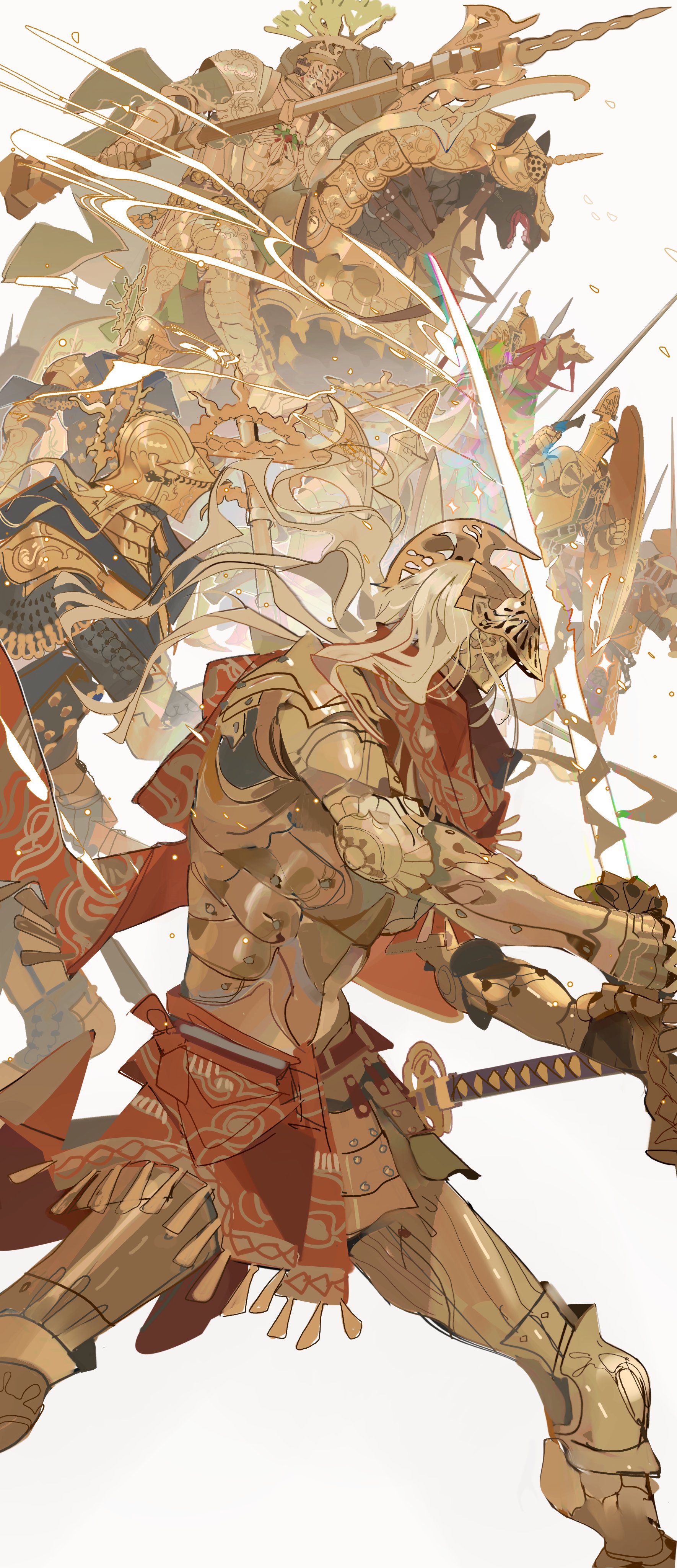 nslacka, original, absurdres, highres, 6+others, armor, barding, blonde hair, cowboy shot, gold armor, halberd, helmet, holding, holding polearm, holding sword, holding weapon, horse, katana, knee pads, long hair, multiple others, open mouth, ornate armor, plume, polearm, rivets, sword, tassets, visor (armor), weapon