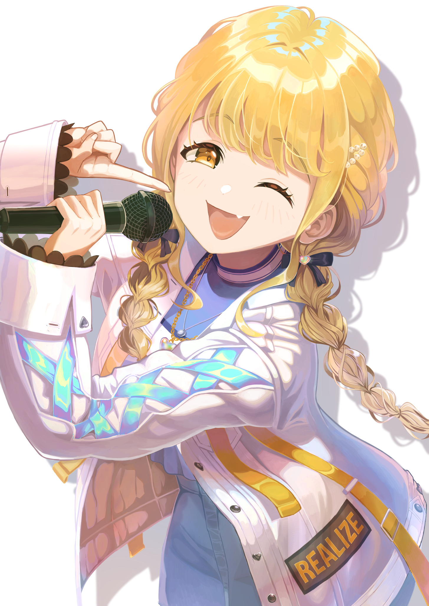 fujita kotone, hajime (idolmaster), gakuen idolmaster, idolmaster, commentary, highres, 1girl, black ribbon, blonde hair, blush, braid, denim, denim skirt, fang, finger to cheek, hair ribbon, holding, holding microphone, jacket, jewelry, kuma (gaph5274), long hair, looking at viewer, microphone, necklace, official alternate costume, ribbon, shadow, skin fang, skirt, smile, solo, twin braids, white background, white jacket, yellow eyes