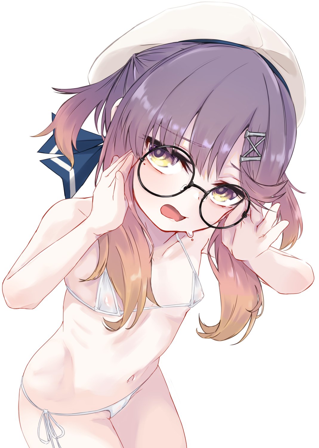 alakoala, tsushima (kancolle), kantai collection, commentary request, highres, 1girl, adjusting eyewear, alternate costume, bespectacled, bikini, collarbone, covered erect nipples, cowboy shot, flat chest, glasses, gradient eyes, gradient hair, hair between eyes, hair ornament, hair ribbon, hands up, hat, leaning forward, looking at viewer, micro bikini, mole, mole under eye, multicolored eyes, multicolored hair, navel, open mouth, orange hair, peanut mouth, purple eyes, purple hair, ribbon, round eyewear, side-tie bikini bottom, sidelocks, simple background, solo, stomach, string bikini, sweat, swimsuit, two side up, white background, white bikini, white hat, yellow eyes