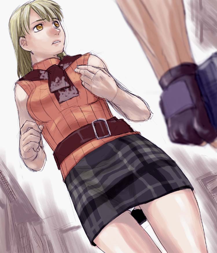 shinama, ashley graham, capcom, resident evil, resident evil 4, 1girl, belt, blonde hair, bob cut, female focus, orange shirt, panties, pantyshot, pencil skirt, plaid clothes, plaid skirt, scarf, shirt, skirt, sleeveless, sleeveless turtleneck, solo, turtleneck, underwear, upskirt, yellow eyes