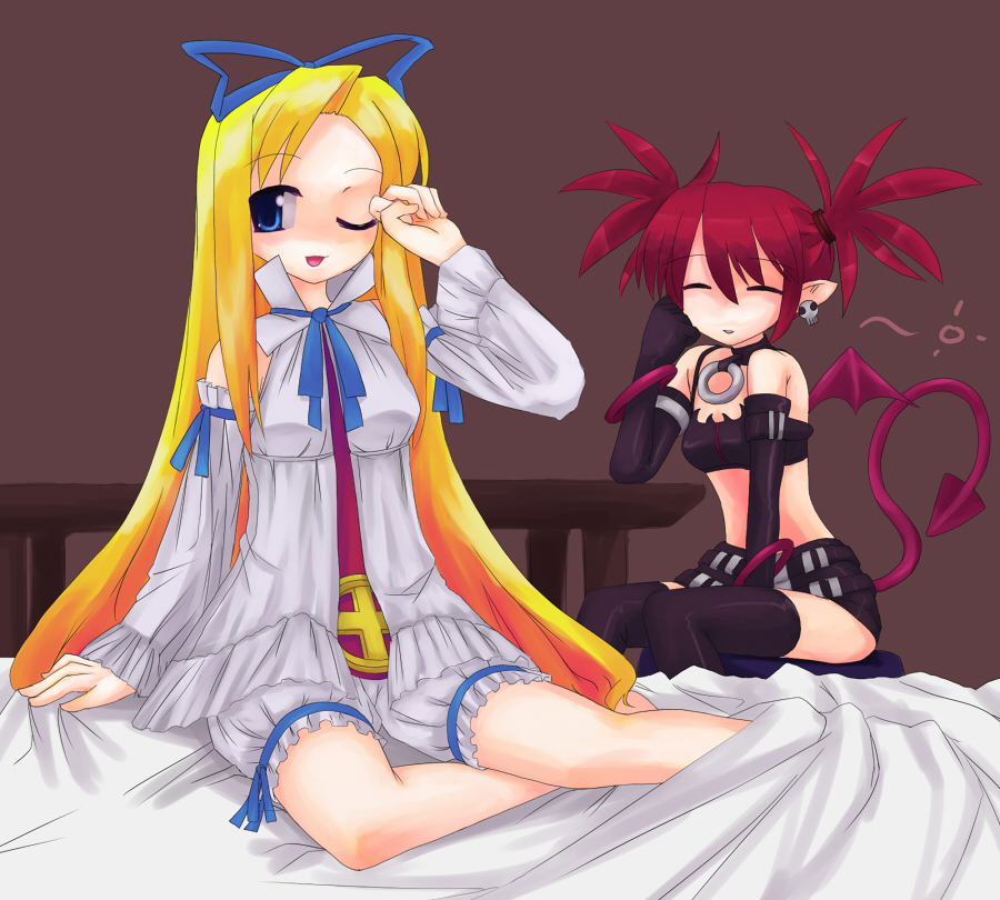 ktsecond, etna (disgaea), flonne, disgaea, makai senki disgaea, nippon ichi, 00s, 2girls, bed, bloomers, multiple girls, one eye closed, thighhighs, underwear, white bloomers, wink