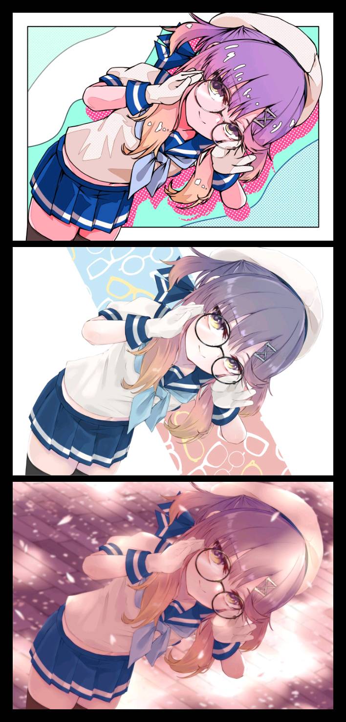 alakoala, tsushima (kancolle), kantai collection, highres, 1girl, bespectacled, blue sailor collar, blue skirt, glasses, gloves, hat, looking at viewer, mole, mole under eye, multicolored hair, multiple views, pink hair, pleated skirt, purple hair, round eyewear, sailor collar, school uniform, serafuku, simple background, skirt, smile, white gloves, white hat